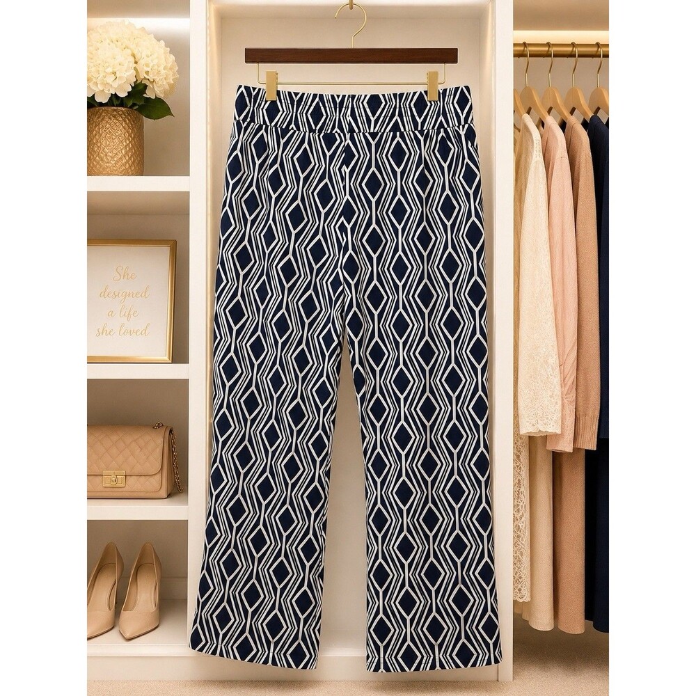 Catherines 2X Navy White Geometric Print Pull On Stretch Pants Plus Size Women’s
